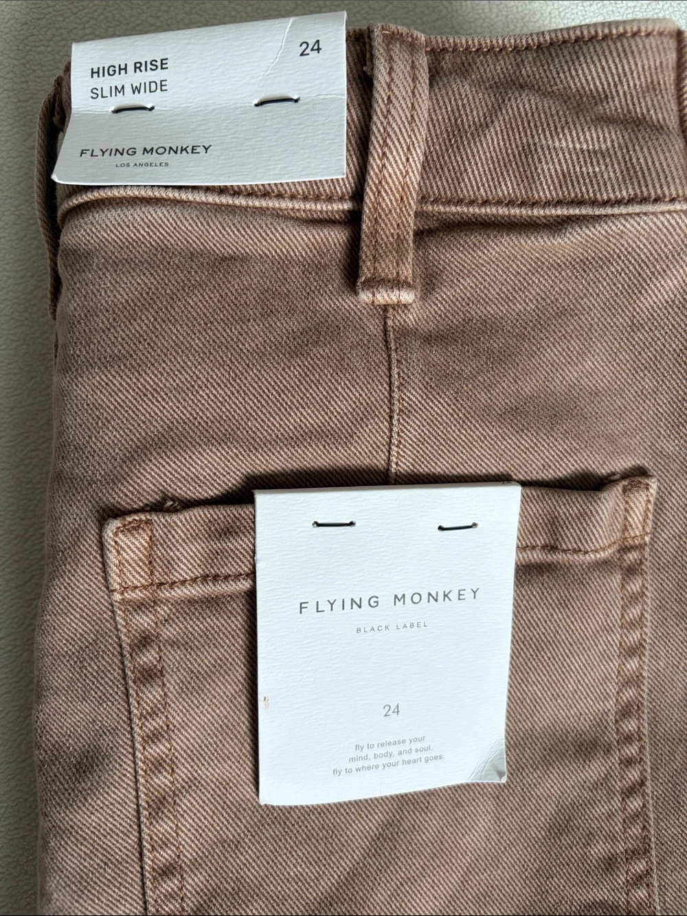 Flying Monkey Warm Taupe High Rise Tab Waistband Slim Wide Leg Jeans - Picture 5 of 11
